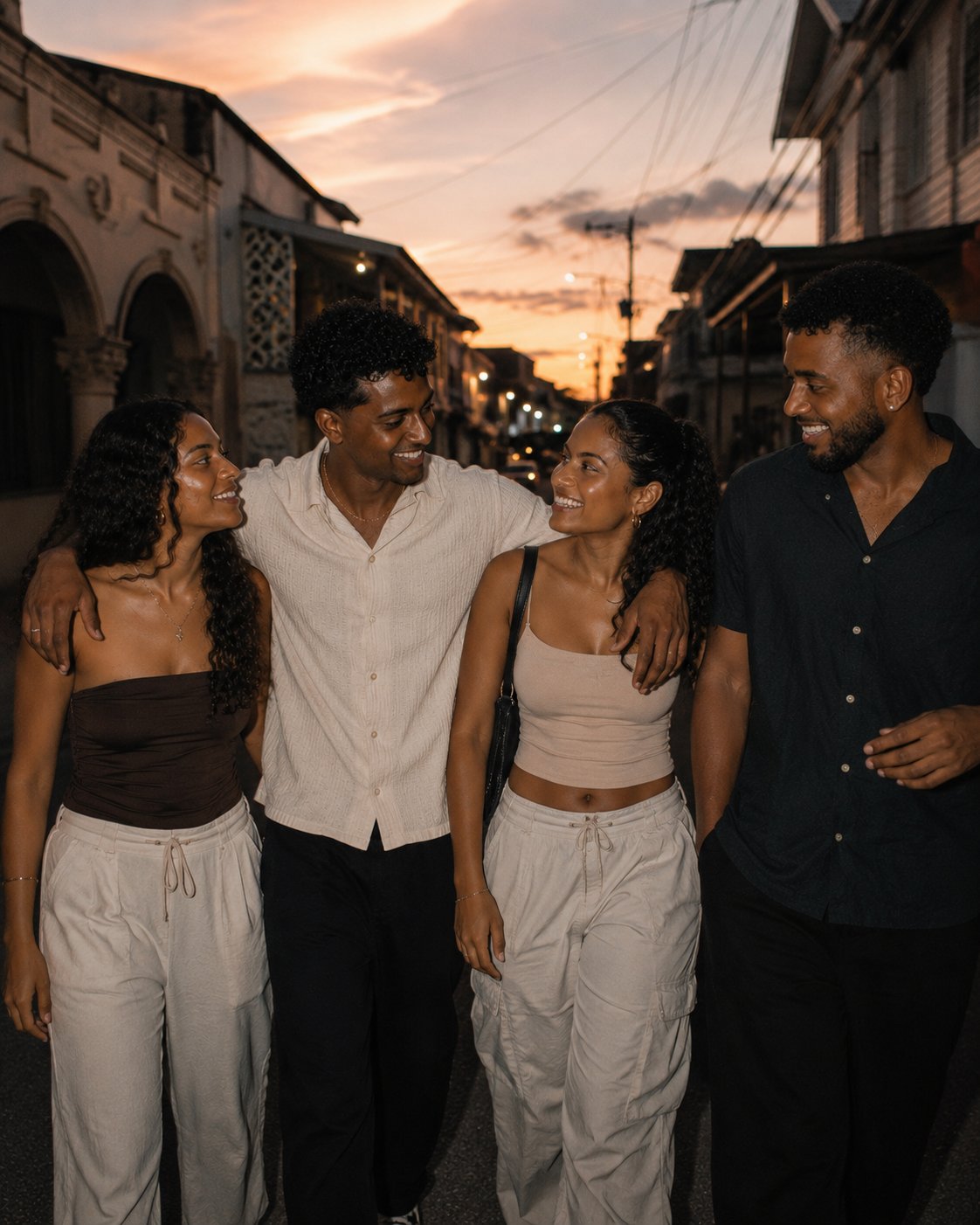 Strangers community walking together at sunset